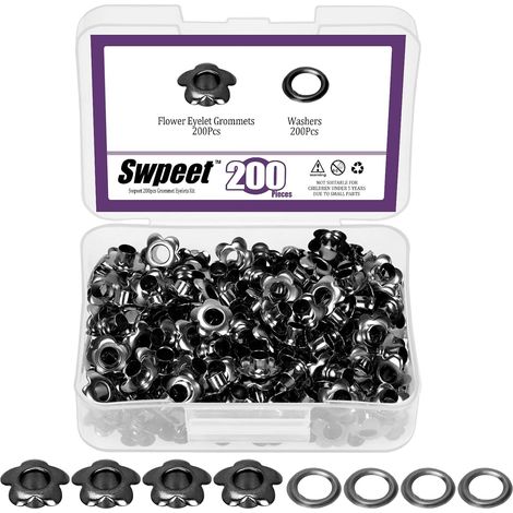 Lot de 200 œillets en métal pour réparation de toile, cuir, rideaux - 3/16" (5 mm) - Noir (1/5)