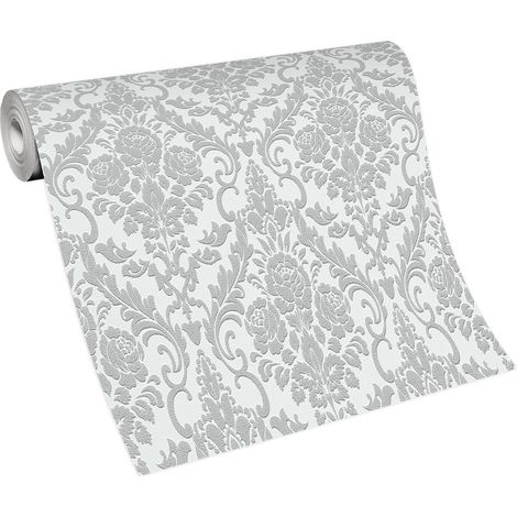 Papier peint vintage gris à motif fleuri Tapisserie pour salon à motif baroque Papier peint gris & blanc style rococo (1/5)