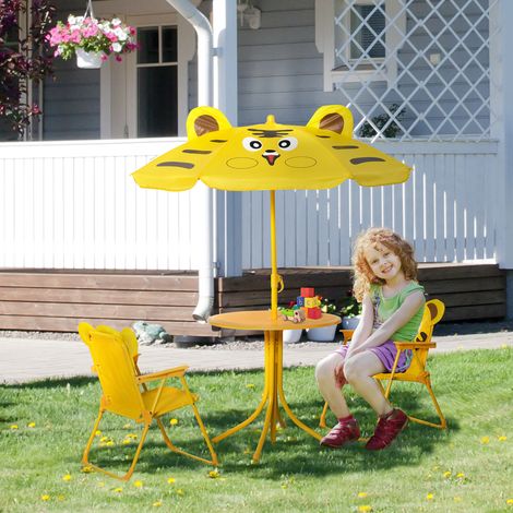 Outsunny Ensemble Salon de Jardin Enfant 4 pcs Design Tigre - Table Ronde + 2 chaises Pliables + Parasol - métal époxy Oxford Jaune