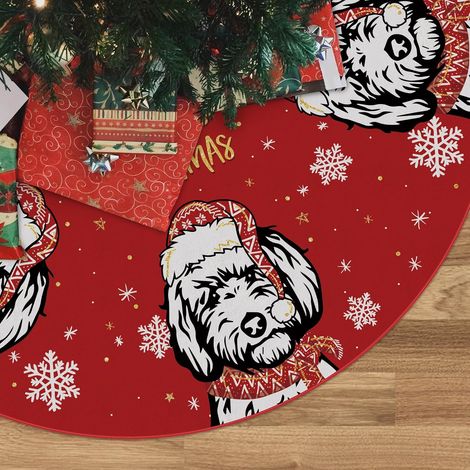 Falda roja para árbol de Navidad, falda para árbol Golden Doodle, falda de invierno de 120 cm para perros, decoraciones navideñas para interiores y exteriores. (1/5)