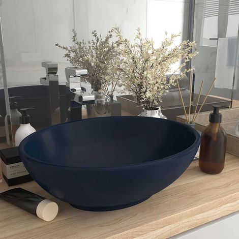 Vasque ovale luxueuse, bleu foncé mat, 40 x 33 cm, céramique