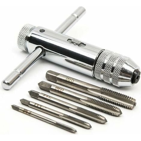 Bardusch-T Barre Poignée Porte taraud à cliquet, Clé à taraud réglable avec 5pcs M3 M8 3mm 8mm filetage de vis à métaux à fiche métrique en forme de T de taraudage (1/5)