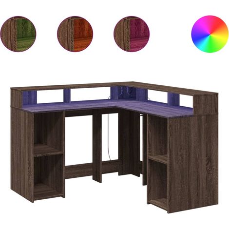Bureau,Table de travail,Table d'étude et lumières LED chêne marron bois d'ingénierie CFW96380 (1/5)