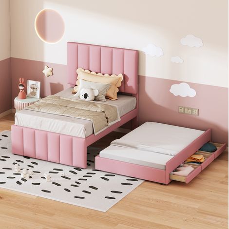 DESVIAE Lit rembourré enfant 90 x 200 cm avec lit gigogne et 3 tiroirs de rangement tête de lit réglable en hauteur tissu coton lin rose (1/4)