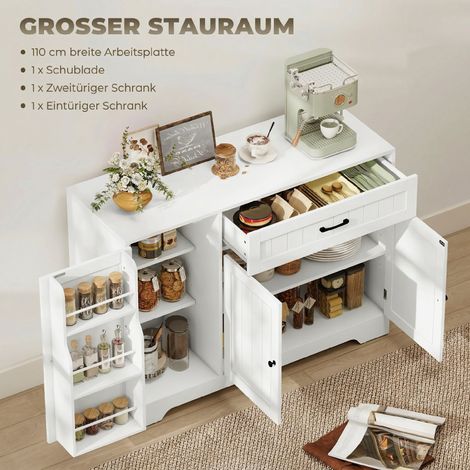 Buffet de cuisine moderne avec tiroir, étagères ajustables, petit garde-manger cuisine blanc à compartiments de porte (1/5)