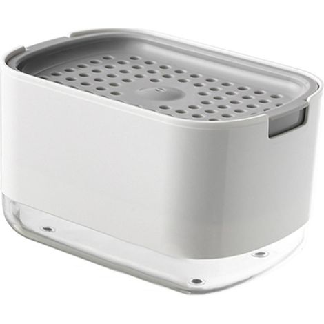 Dispensador de jabón con soporte para esponja, jabonera de PP PET con botón pulsador, color blanco, para lavar platos y paños.