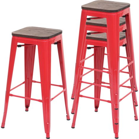 Juego de 4 taburetes de bar de diseño industrial apilables con asiento de madera y metal rojo 040005222