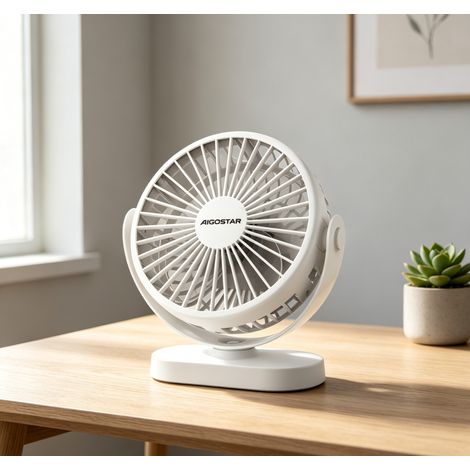 Ventilateur de table Aigostar 6 pouces 5 pales rechargeable 1500mAh, 3 vitesses silencieux blanc compact pour maison et bureau