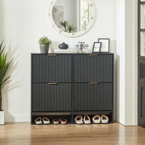 Klappbarer Schuhschrank, 120x24x102 cm, schmaler platzsparender Eingangsschrank, MDF mit geriffelter Front und herausnehmbaren Einlegeböden, Schwarz (1/5)