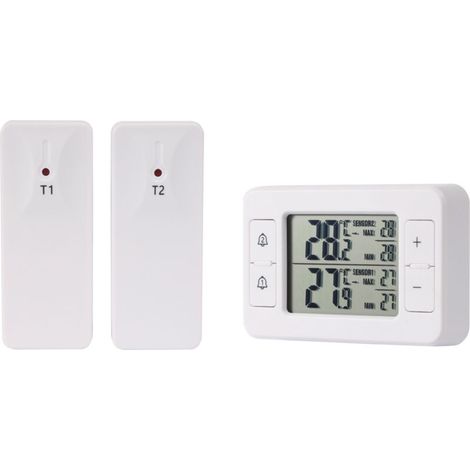 Thermomètre sans fil, thermomètre à double capteur, alarme de température basse/haute, adapté aux réfrigérateurs, terrasses et camping-cars. (1/5)
