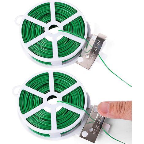 2 Rouleaux - Fil de Fer Jardin - Fil Plastifié Vert - Attache Plante Grimpante avec Cutter Intégré - Pour Vignes Arbustes Fleurs - Vert - 2x50m