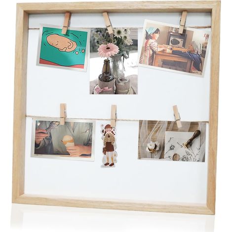 Marco de fotos para collage de pared de 32 x 32 cm con varias fotos, incluye clips y cuerda para crear marcos de fotos creativos.