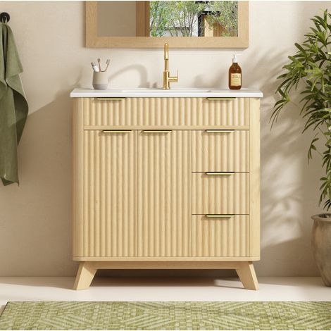Meuble vasque 81x47x90 cm en MDF et céramique naturel, avec rangement pour salle de bain FloraGrace (1/5)