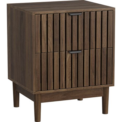 CAIziTable de chevet moderne du milieu du siècle en noyer, design à lattes en bois avec deux tiroirs, adaptée à la chambre, au couloir, au salon et à la chambre d’enfant, table de chevet de chambre, 4 (1/5)