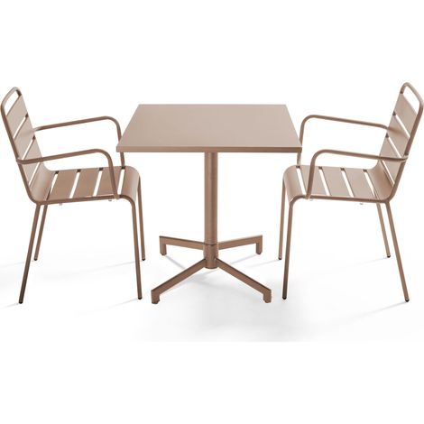 Ensemble table 70 cm et 2 fauteuils de jardin en métal taupe - Palavas (1/5)