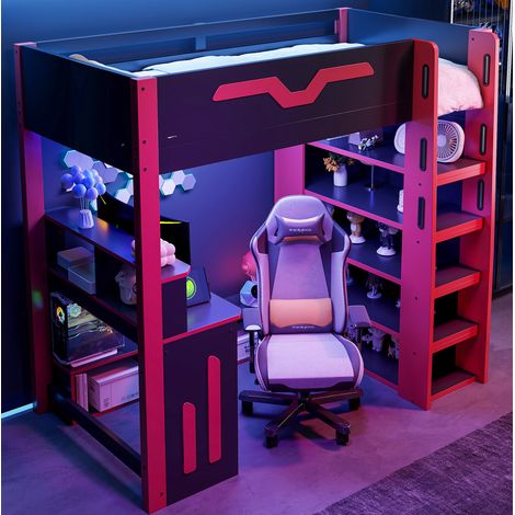 Cama alta moderna de MDF y contrachapado negro/rojo 90x200 cm con escritorio, estantes, escalera con almacenaje y LED