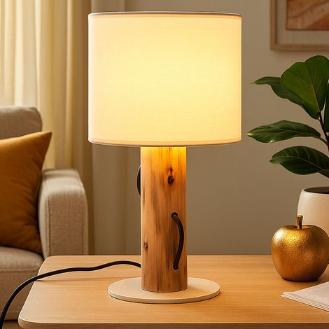 LED Tischlampe Tischleuchte Holz Leselampe Schlafzimmerleuchte Textilschirm weiß, Metall Stoff, 4W 320lm warmweiß, DxH 18x32 cm