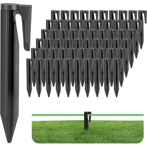 Lot de 100 piquets de bordure de pelouse, 8,5 cm, noir, pour tondeuse à gazon, ancrages au sol en plastique durable, fixation sécurisée des câbles (1/5)