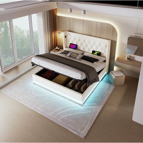 Letto 160x200 cm in PU bianco con contenitore, LED, USB e Type-C, senza materasso – MEUBLIV (1/5)
