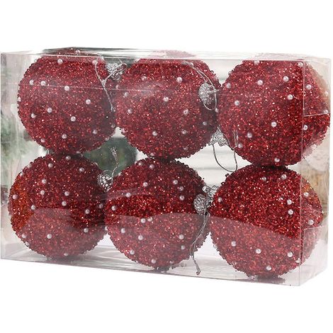 Ensemble de 6 boules décoratives pour sapin de Noël, avec cordelette de suspension, décoration de Noël à suspendre (rouge, 24 cm x 16 cm x 8 cm) (1/4)