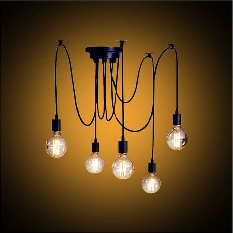 Lámpara de araña retro y luces colgantes de techo, pantalla industrial DIY de longitud ajustable con cable de 1,2 m para sala de estar, comedor, hogar, 5 brazos negros (1/5)