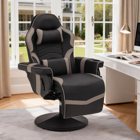 Fauteuil gamer relax avec massage, inclinable 150°, rotatif 360°, gris (1/5)