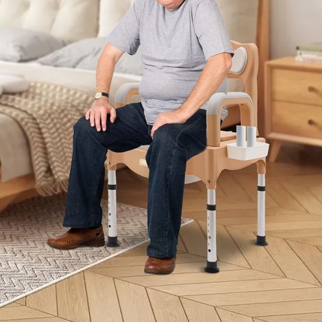 Silla de inodoro portátil con mesilla de noche, silla cómoda, altura ajustable (1/5)