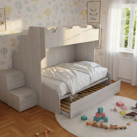 Letto a castello con gradini a cassetti e passerella - Una piazza e mezza e singola - Rovere rock