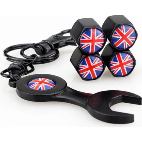 (Noir) 4 bouchons de valve de roue avec drapeau anglais et clé, accessoires universels pour voiture, compatibles avec MINI One et MINI Cooper Cabriolet (1/5)