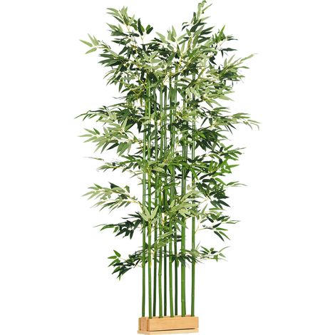 Pianta di Bambù Artificiale Alta 180 cm da 1640 Foglie con Base in Legno di Pino 35x10x10 cm, Verde