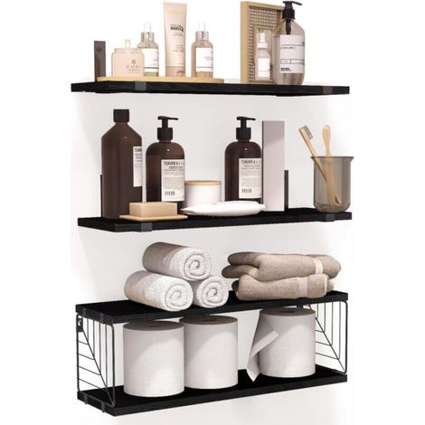 3-Tier and 1-Tier Floating Bathroom Shelves, 40cm Rustic Wooden Shelves, Wall Decor for Bathroom, Living Room, Bedroom and Kitchen (Black) (1/5)