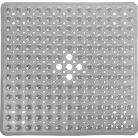 Tapis de douche antidérapant, 21 x 21 pouces, carré et souple, avec ventouses et trous d'évacuation, gris transparent.