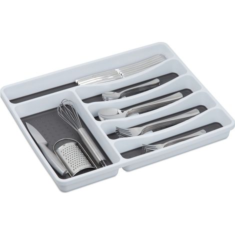 Relaxdays Cutlery Tray, Kitchen Drawer Insert, for Silverware & Cooking Utensils, 4.5 x 33 x 40 cm, Plastic, White/Grey (1/5)