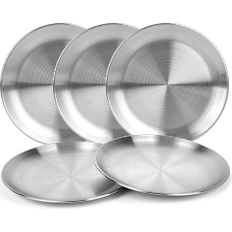 Reusable Brushed Metal Dinner Plates, Round Stainless Steel Plates, Heavy Duty Round Metal Plates, Dishwasher Safe, 8 Inch BBQ Steak Plate (1/5)