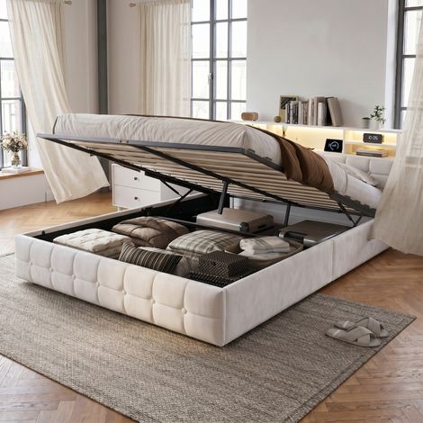 Lit adulte 160x200 cm - Tissu velours - Coffre de rangement hydraulique - Rangement de chevet - Éclairage LED réglable - Port USB (1/5)
