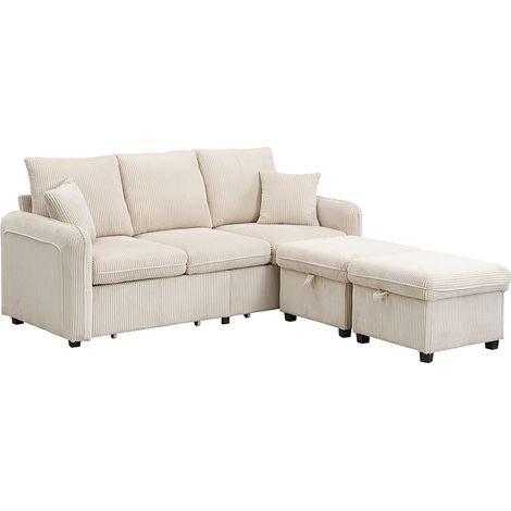 ELVMI Divano letto modulare a 3 posti con contenitore e 2 pouf, in tessuto a coste, Beige (1/5)