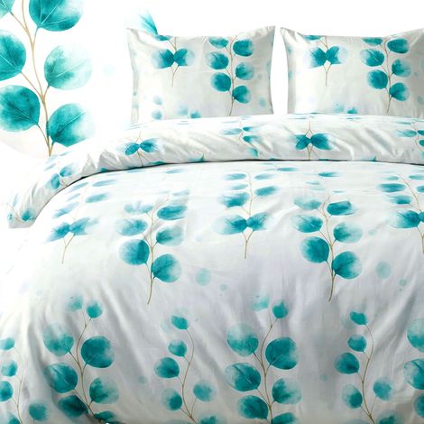 Baumwollbettwäsche 180x200 Satin BAUMWOLLE schattierte türkisfarbene Blätter weiß (1/5)