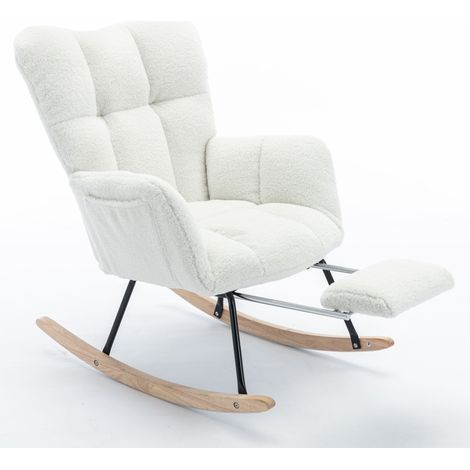 009B Nouvelle chaise à bascule rembourrée en tissu Teddy tissé avec repose-pieds escamotable, blanche (1/5)