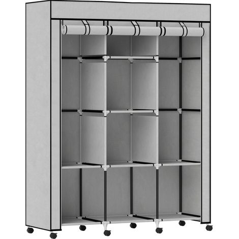Armoire en tissu avec 8 étagères et 2 barres de penderie, rangement compact gris clair pour chambre, buanderie, cave et dressing – CHICFURN (1/5)