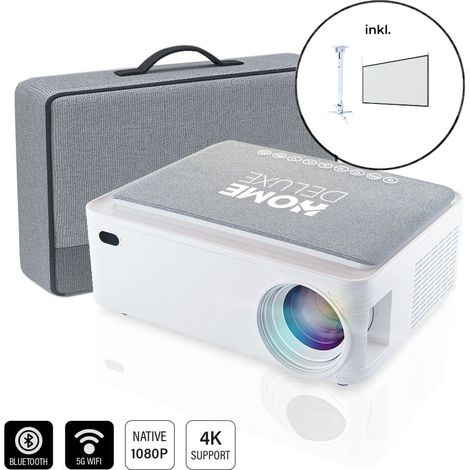 HOME DELUXE - Beamer LINO inkl. Leinwand und Beamerhalterung - Farbe: Weiß inkl. Stoffabdeckung, Lichtstärke: 400 ANSI Lumen, Full HD 4K, Android V9.0, WiFi 5G, Bluetooth 5.0 - inkl. Tragetasche
