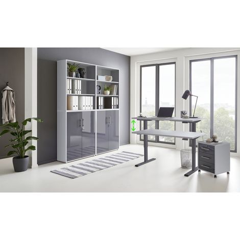 BMG Möbel Büromöbel komplett Set mit elektrisch höhenverstellbaren Schreibtisch Arbeitszimmer e-Dition in lichtgrau/anthrazit Hochglanz lackiert/Gestell anthrazit