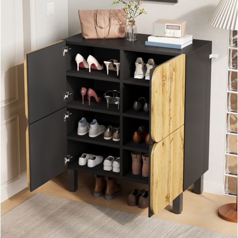 Meuble à chaussures en MDF noir et naturel, 4 portes, tablettes réglables, fermeture amortie, 80 x 38,5 x 95 cm (1/5)