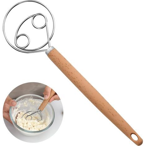 Fouet à pâte danois, fouet à pâte danois, fouet hollandais de 25,4 cm, batteur à œufs avec poignée en plastique, mixeur, en acier inoxydable, double trou pour pâte à pain, pâtisserie ou pâte à pizza (1/5)