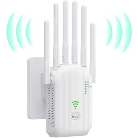 Répéteur WiFi Puissant, amplificateur WiFi de dernière Technologie avec 6 antennes Couvrant Une superficie de10 000 m²,2 Ports LAN,répéteur WiFi pour la Maison et Le Bureau(Blanc) (1/5)