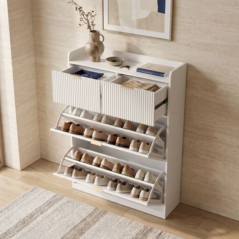 Meuble à chaussures, 80x24x110 cm, armoire de rangement pour chaussures , 2 tiroirs et 2 abattants, bois, style moderne et minimaliste, Blanc (1/5)