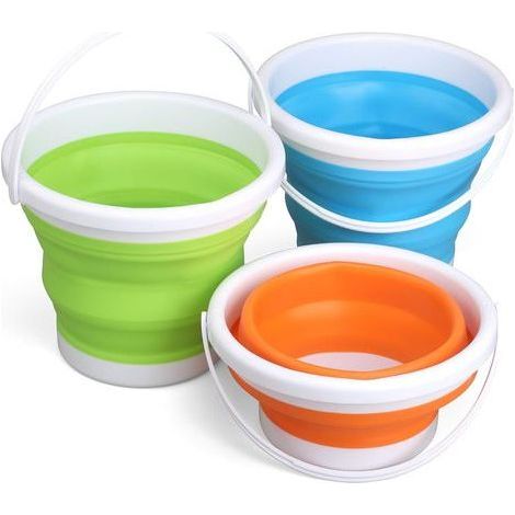 3 Pièces Seaux Pliables en Silicone, 3L Grand Seaux pour Jouets de Plage Jouets d'eau Pliables de Piscine avec Poignée pour Jardinage Voyages Pêche Nettoyage Camping (Bleu, Vert, Orange) (1/5)