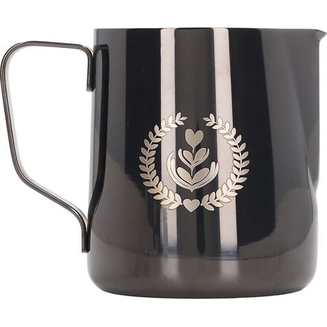 Pichet à lait inoxydable 304 de 350 ml pour mousseur à lait, idéal pour café latte avec revêtement noir au ruthénium résistant. (1/5)