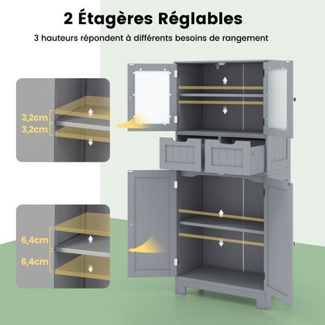 Meuble de salle de bain avec 4 portes, 2 tiroirs, meuble colonne haut avec étagères réglables pour salon et cuisine 60x30x128cm - gris (1/5)