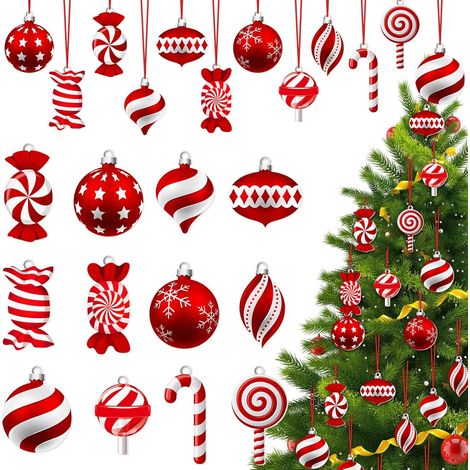 24 Ornements de Noël en Bois à Suspendre, Sucettes Peppermint Rouges et Blanches, Décorations de Sapin avec Corde, Lot de Guirlandes DIY pour Fêtes et Cadeaux (1/5)