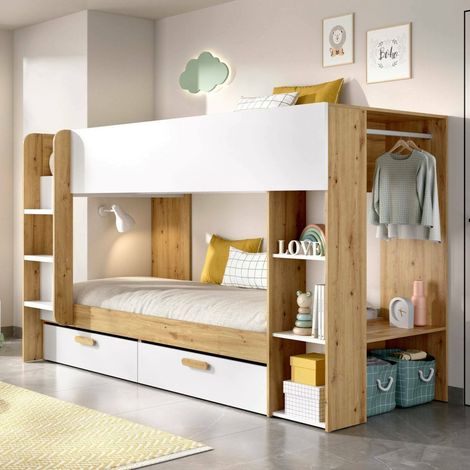 Dmora - Composición del dormitorio Fennera, Dormitorio completo, Dormitorio infantil, Conjunto de muebles de puente, 245x110 h150 cm, Blanco y Roble nodoso (1/4)